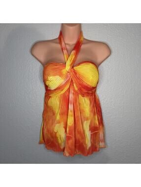 Orange and yellow tie-dye halter top with pleated texture